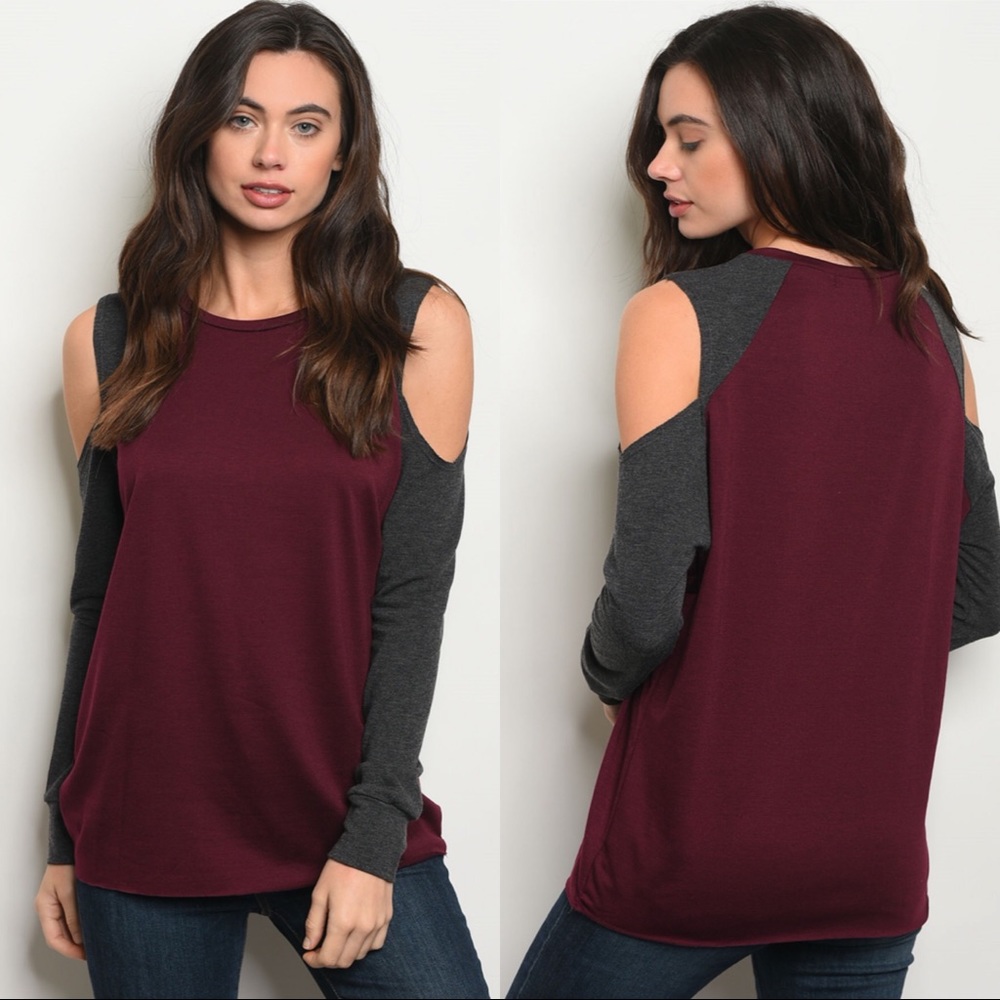 ☀️3 PACK | BURGUNDY GRAY COLD SHOULDER TOP